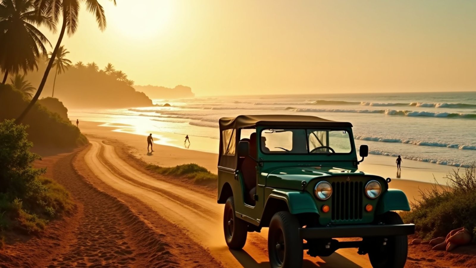 Safari jeep and surfers enjoying Arugam Bay